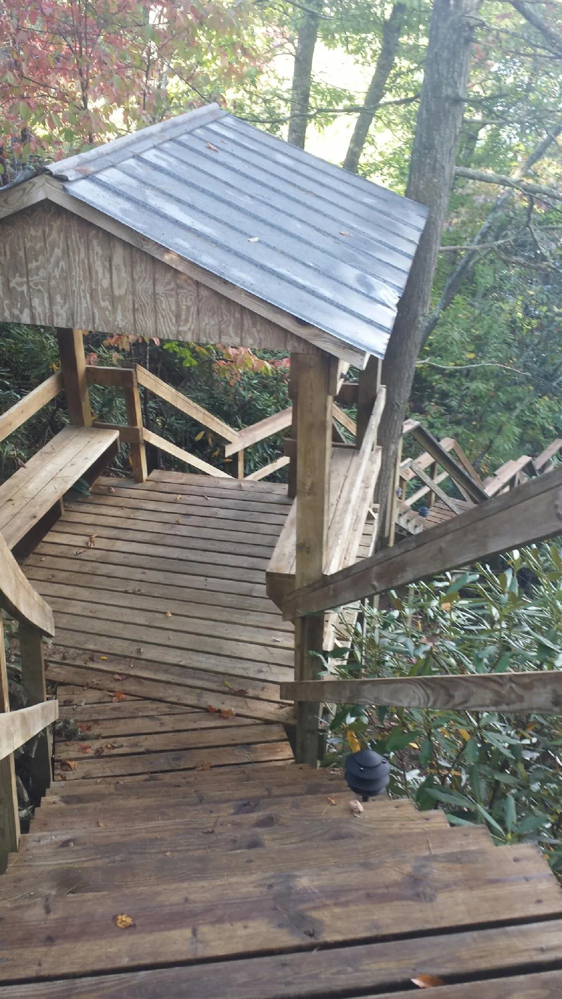 Metal roofed shelter over wooden steps on a wooded walkway — Skylight Repair & Installation work by our crew in Gold Beach