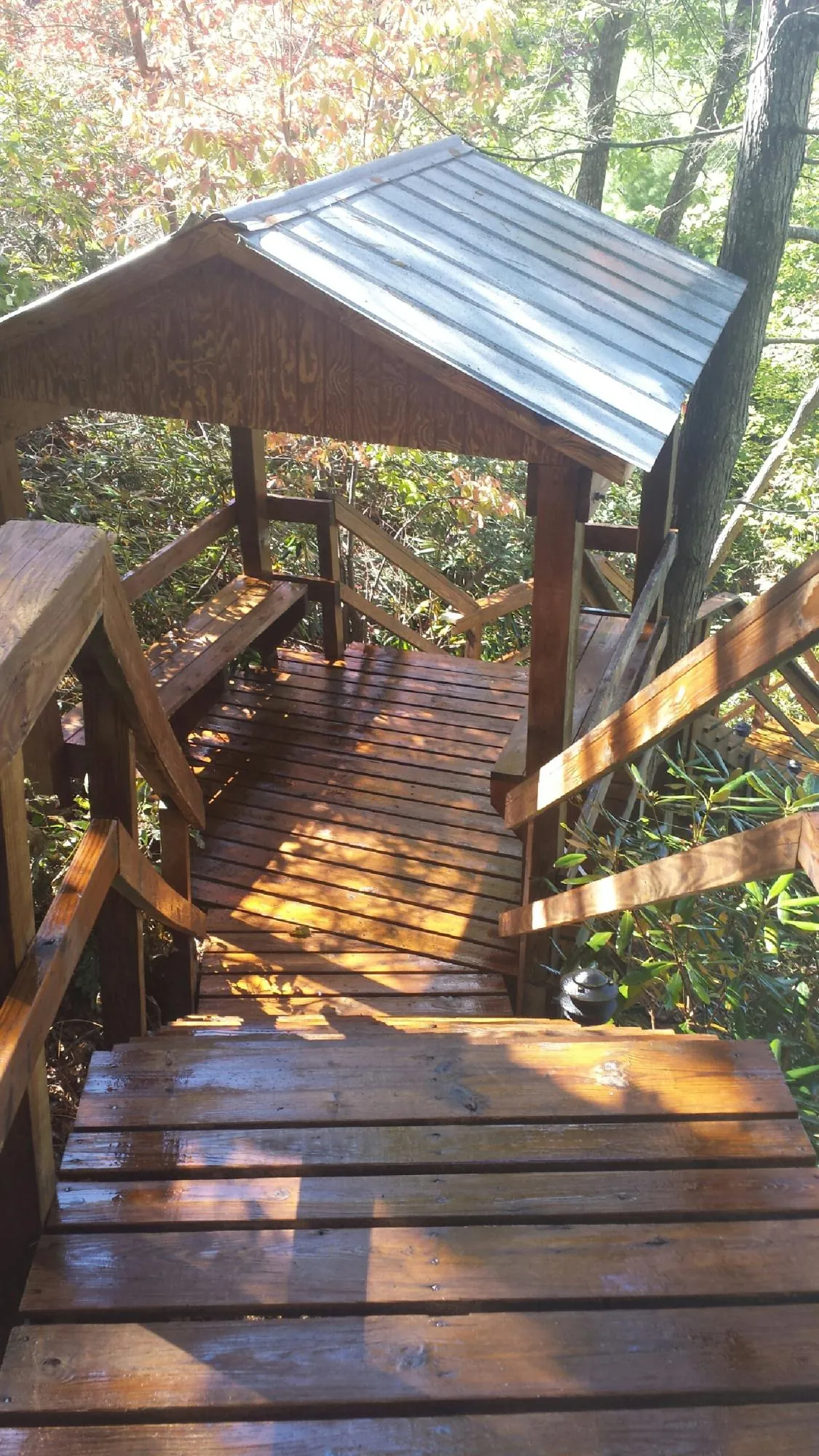 Freshly stained wood walkway and covered shelter with a metal roof in Gold Beach